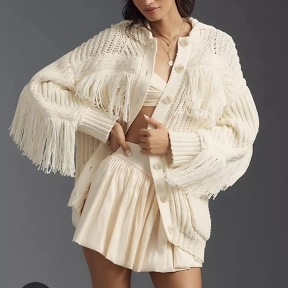 Anthropologie Cream Fringe Cardigan